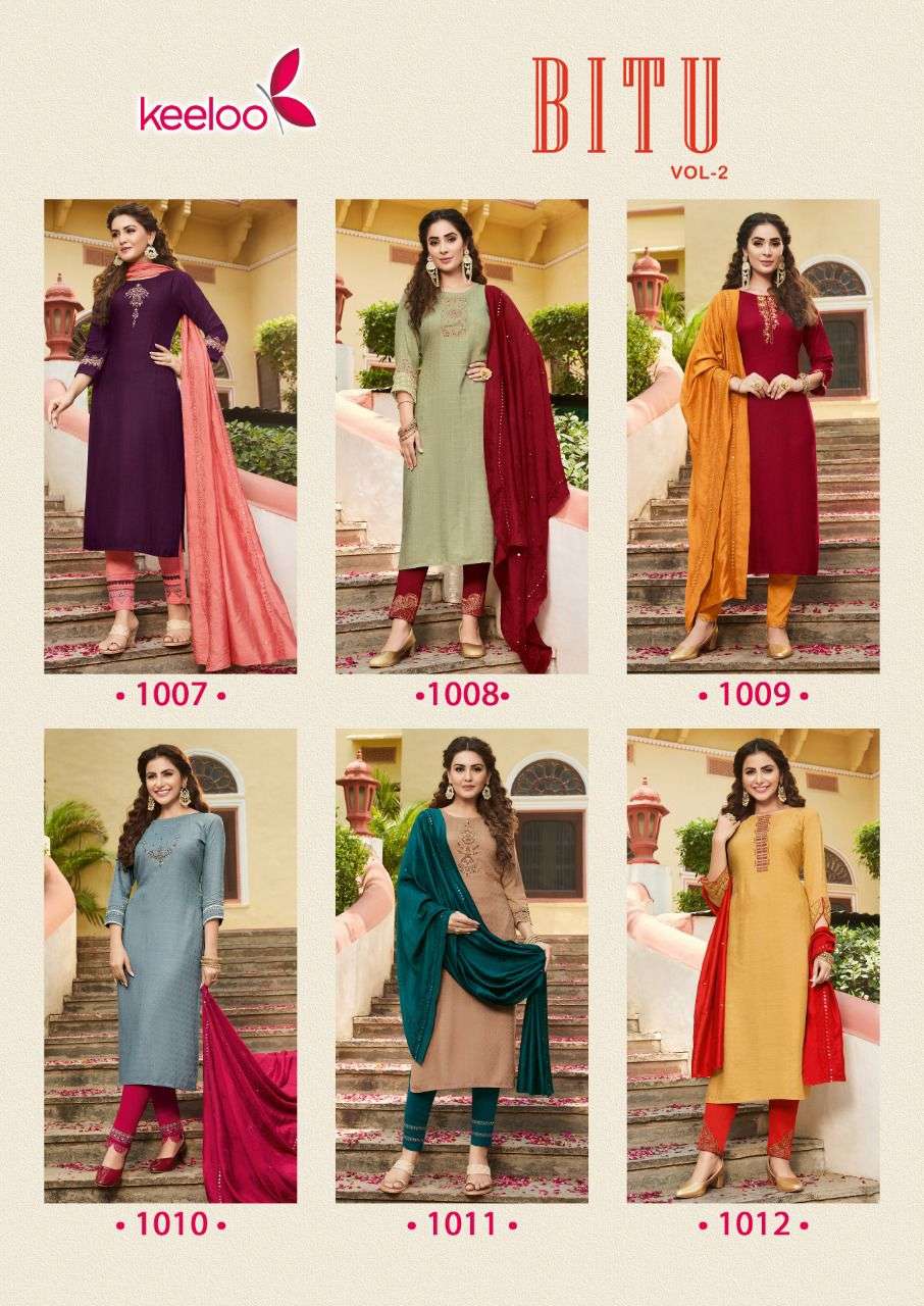 Keeloo-Bitu-2-Rayon-Chex -Dobby-Embroidery Work Kurti-With-Pant-and-Chanderi -Mirror-work-Dupatta-INDEX